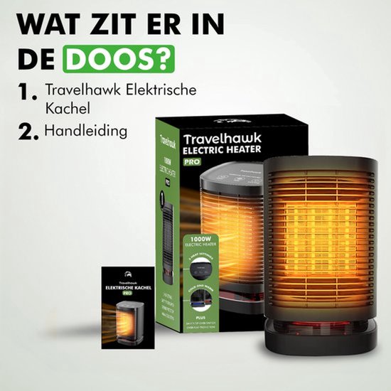 Travelhawk Chauffage électrique - Chauffage céramique - 3 niveaux - 950W - Chauffage électrique avec indication LED - Rotatif - Noir