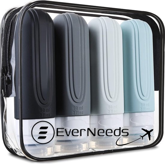EverNeeds Bouteilles de voyage avec étui - rechargeables - Bouteilles de voyage en silicone pour bagages à main - gris - 4 pièces
