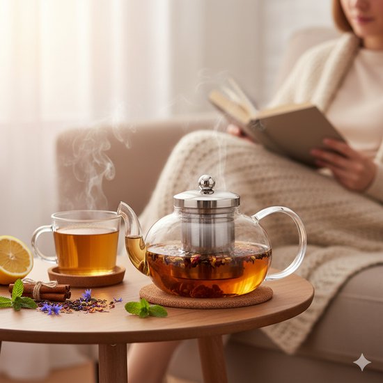 Vaja® Théière en verre avec filtre en acier inoxydable - 1,4 litre - Infuseur de thé - Pour thé en vrac / fleurs de thé - Cadeau de Noël - Verre borosilicaté avec bec verseur anti-goutte