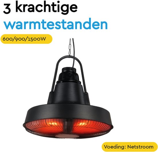 BRASQ Retro Chauffe-terrasse électrique suspendu - 3 niveaux de chaleur - avec télécommande - IP24 - étanche - intérieur et extérieur - 2000 W