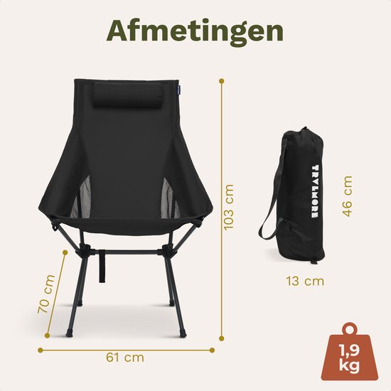 TRVLMORE Chaise de camping - pliable - capacité de charge 120KG - sac de transport inclus - chaise pliante - chaise de pêche - chaise de camping - chaise pliante - noir