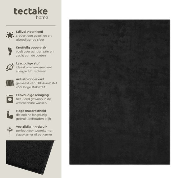 tectake® Tapis à poils courts - 160 x 230 cm - Noir - 1630 g/m² de poids de poils - Tapis pour le salon, la chambre à coucher, la salle à manger - Facile d'entretien et lavable - Sous-couche antidérapante - Antiallergique - Diverses tailles et couleurs