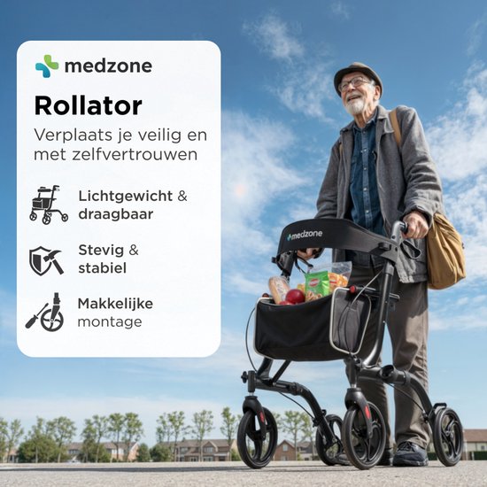 Déambulateur Medzone léger et pliable - intérieur et extérieur - fonction siège - dossier et support pour canne - noir