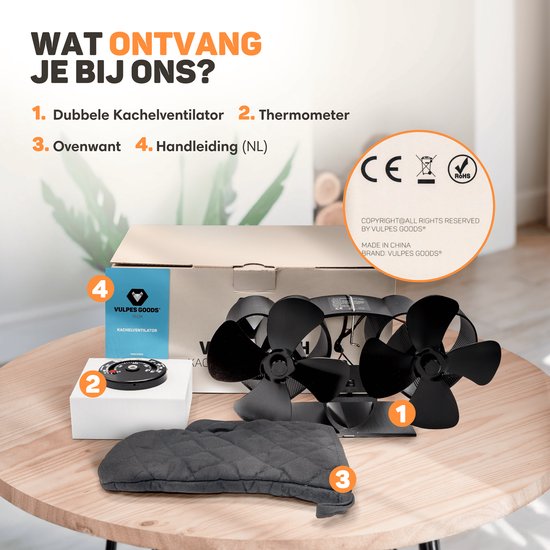 Vulpes Goods® Tech - Ventilateur de poêle à bois - Ventilateur de cheminée - Ecofan - Ventilateur de chaleur - 8 pales et 2 ventilateurs - Thermomètre et gant inclus - version PRO