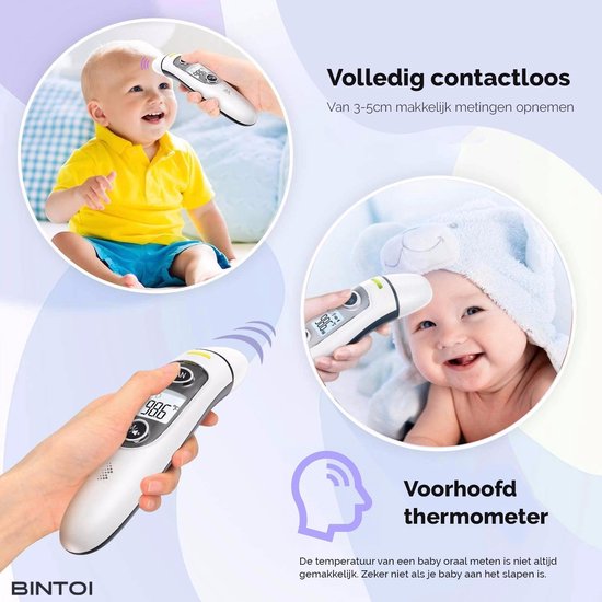 Bintoi® Thermomètre frontal - Indicateur de température - Thermomètre de fièvre pour adultes et bébés - Thermomètre infrarouge - Thermomètre frontal numérique