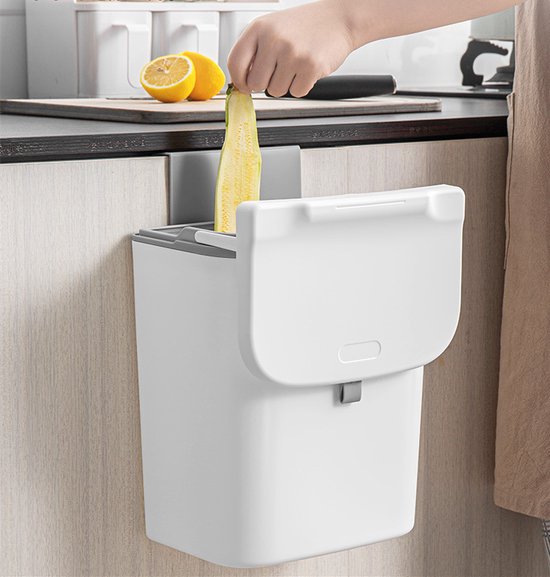 Ceruzo Poubelle - avec couvercle coulissant - 9 litres - Poubelle de comptoir GFT - suspendue ou sur pied - Blanc -24 x 16 x H30 cm