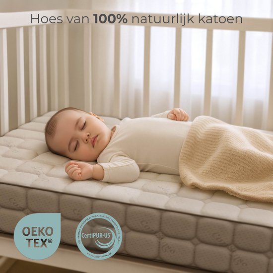 CozySense® Baby Mattress 60x120 - Lit bébé - Pour les bébés et les jeunes enfants - Housse 100% coton - Imperméable et hypoallergénique - Mousse à mémoire de forme au gel réduisant la pression