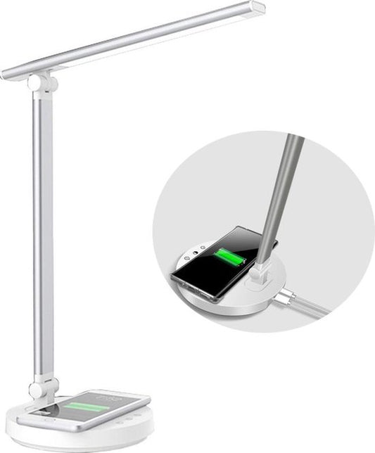 Fuegobird Lampe de bureau LED - Filaire - Chargement sans fil pour téléphone - Dimmable - Pliable - Smart Touch
