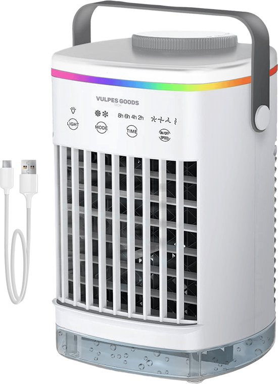 Vulpes Goods® Tech - Mini Airco PRO - Climatiseur mobile - Rafraîchisseur d'air 4en1 - Rafraîchisseur d'air - Ventilateur de table - 4 vitesses de vent, 2 modes d'humidification et minuterie - Etanche - Blanc