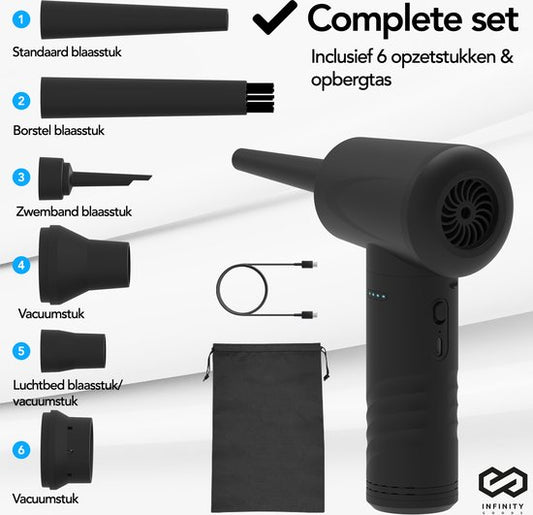 Infinity Goods Souffleur d'air 4-en-1 - Air comprimé - 53K RPM - Souffler et aspirer - Air comprimé - Sans fil et rechargeable - Noir