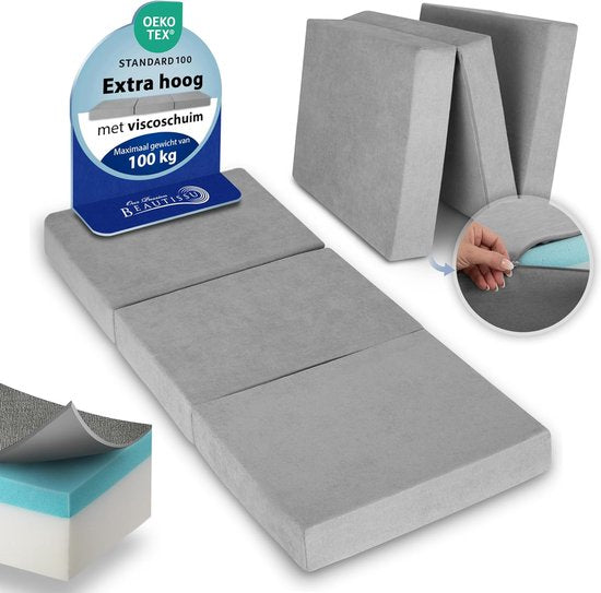 Beautissu VS95 - Matelas pliable Premium L 80X200cm - Matelas pliable extra épais en mousse à mémoire de forme H3 de 14cm - Lavable - Transport facile - Gris