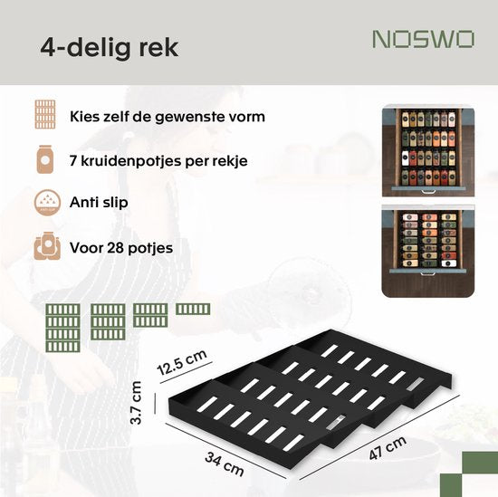 Noswo Spice Rack Drawer - 4 Layer - For 24 Spice Jars - stainless steel - Spice Organiser - Kitchen Drawer Organiser