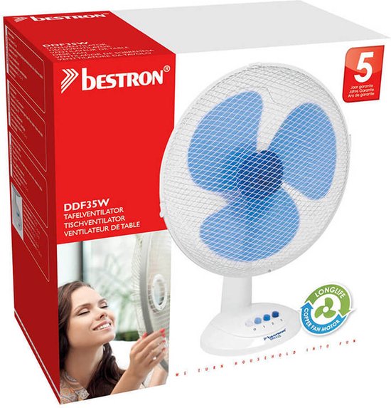 Bestron Ventilateur de table Ø 35cm, Ventilateur avec 3 vitesses et fonction de rotation de 75°, 40Watt, DDF35W, couleur : blanc