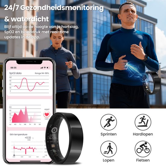 Bague intelligente - Taille 12 - pour femmes et hommes - tracker d'activité - Wearables - Noir - de Saaf