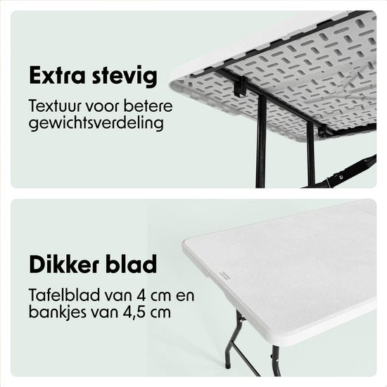 LifeGoods Set de pique-nique pliable - 180cm x 74cm - Table de jardin avec 2 bancs - Résistant aux intempéries - Table de camping - Table à bière pliable - Pour l'intérieur et l'extérieur - Pour 6 à 8 personnes - Blanc
