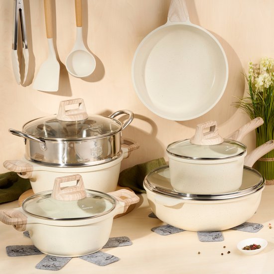Just Perfecto 15 Piece Induction Cookware Set - Beige Cookware Set With Lid For Gas and Induction - PFAS free - Cold grips