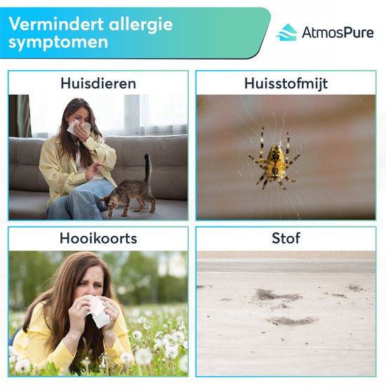 AtmosPure® CleanAir Air Purifier - Purificateur d'air avec filtre HEPA 13 + filtre à charbon remplaçable - CADR 250 m³/h - Blanc - Pour 97 m² - Lutte contre les acariens, le rhume des foins, les allergies, -3 modes + mode sommeil silencieux - Capteur de q