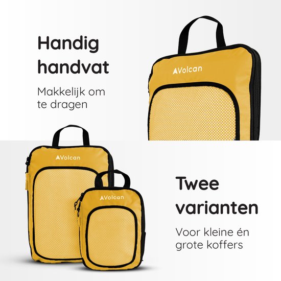 Cubes de compression Volcan - Organiseur de valise - Avec zips de compression - Sac à dos et valise - Lot de 4 - Ocre