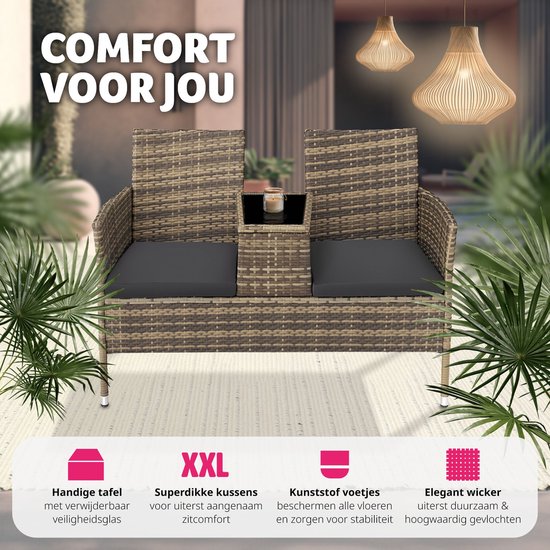 Banc de jardin en osier avec table, Tectake, banc 2 places, 131x61x82 cm, balcon et terrasse, Avec coussin d'assise, naturel/gris foncé, poly-rotin