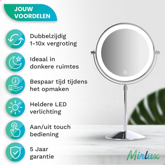 Mirlux Miroir de maquillage de luxe avec lumière LED - grossissement 10x - réglable et rechargeable - 3 niveaux de lumière - chrome - Miroir de maquillage - Miroir avec lumière LED