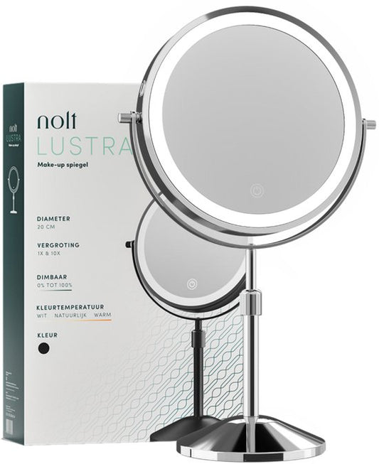 Nolt Miroir de maquillage avec éclairage LED - Miroir grossissant 1X/10X - Miroir de rasage - Lampe de chevet - 3 modes d'éclairage - Rechargeable - Argent