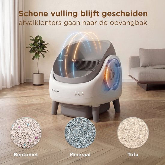 TrevoPet® Air - Bac à litière automatique avec application - autonettoyant et sûr - pour chats jusqu'à 12 kg - tapis, 60 sacs à déchets et accessoires inclus - poubelle de 10 litres - blanc et gris