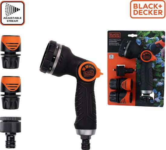 Tête d'arrosage BLACK+DECKER avec 3 raccords pour tuyau d'arrosage - Débit d'eau réglable - Plastique - Noir/Orange