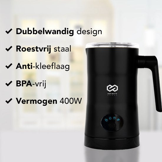 Infinity Goods Mousseur à lait électrique 4 en 1 - 350 ml - Mousse et chauffe - Cappuccino - Lavable au lave-vaisselle - Noir