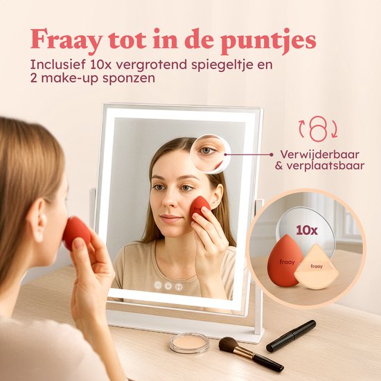 Fraay® Hollywood Mirror with Lighting 41x30cm - 3 Light Stages - Make-up Mirror with 10x Magnification Mirror - LED Strip Lighting Dimmable - Incl. Beauty Blenders and Powder puff