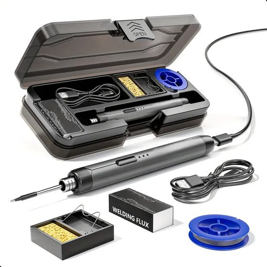 Tech Essentials Fer à souder sans fil - 8W - USB-C - avec étain - kit - soudure fine - stylo - batterie - set de soudure - gris