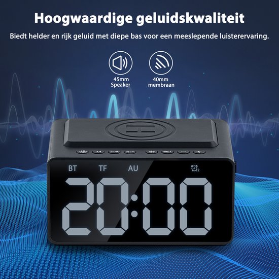Réveil numérique - avec radio, Bluetooth et chargeur sans fil - Réveil radio - Fonction Snooze - Noir - by Faas