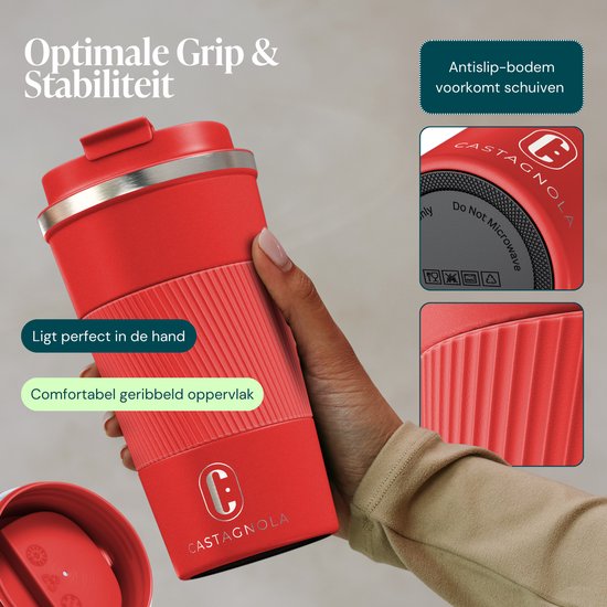 Tasse thermos Castagnola - Tasse à café à emporter - Tasse de voyage pour café et thé - Tasse à thé - 510 ML - acier inoxydable - Rouge