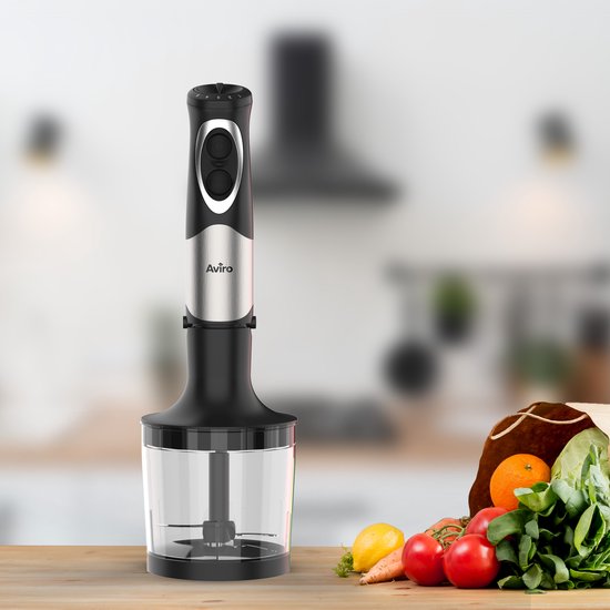 Aviro 6-in-1 Hand Blender Set - 1000W - 20 Speeds - Chopper, Milk Frother, Whisk & Measuring Cup - stainless steel