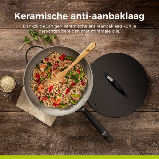 BE Living Essential Poêle wok avec couvercle - Ø 30 cm - Céramique - Sans PFAS - Induction - Noir