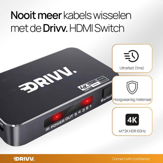 Drivv. Commutateur HDMI 4K 60Hz - 5 entrées 1 sortie - Télécommande incluse - Commutation automatique - Supporte 720p/1080p/4K/3D - Noir