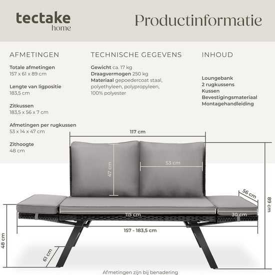 tectake® 2-in-1 Banc de jardin en osier Sintra - mains courantes réglables - set de jardin - chaise longue - banc de salon de balcon - coussins inclus - canapé de salon d'extérieur - lit solaire résistant aux UV et aux intempéries - gris clair/noir