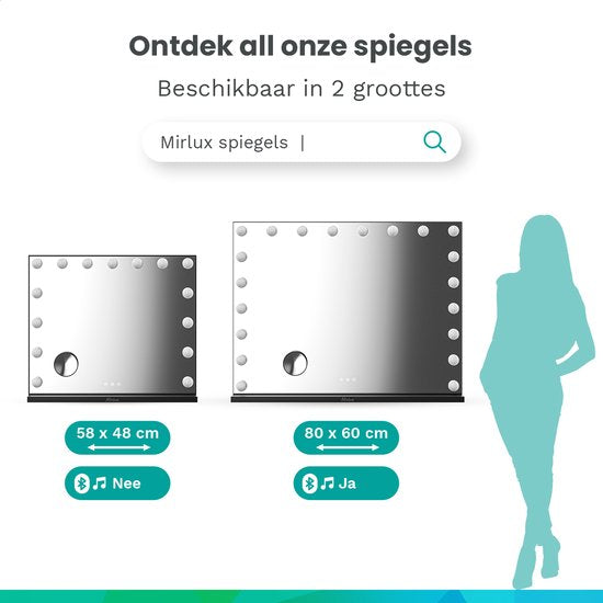 Mirlux Hollywood Mirror 80x60CM - 2 haut-parleurs Bluetooth - ports de charge USB et USB-C - éclairage LED - miroirs de maquillage - zoom 10x - suspendu - noir