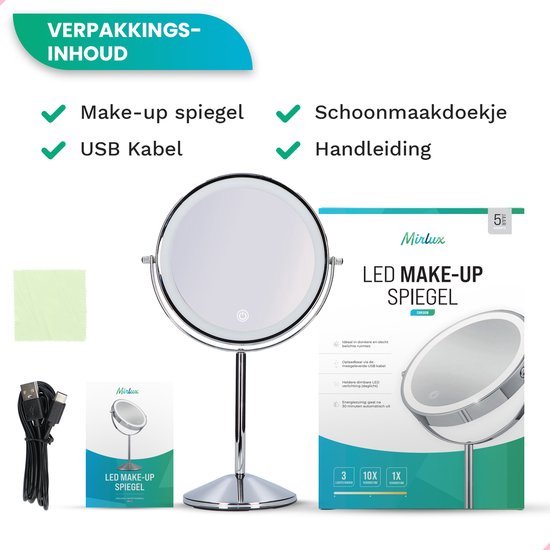 Mirlux Miroir de maquillage avec éclairage LED - lumière grossissante 10x - miroir de rasage petit sur pied - 3 niveaux d'éclairage - rechargeable - miroir grossissant chromé