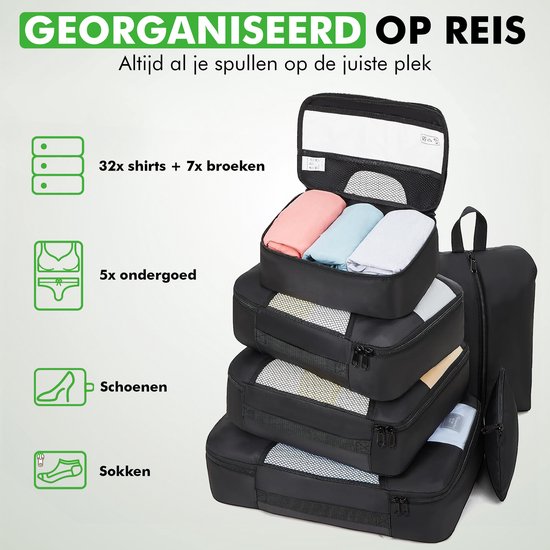 Travelhawk Packing Cubes - Kit d'organisation pour valise - Vêtements - Organisateurs de bagages - 8 pièces - Noir