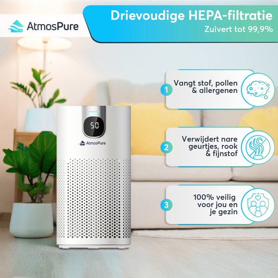 AtmosPure® CleanAir Air Purifier - Purificateur d'air avec filtre HEPA 13 + filtre à charbon remplaçable - CADR 250 m³/h - Blanc - Pour 97 m² - Lutte contre les acariens, le rhume des foins, les allergies, -3 modes + mode sommeil silencieux - Capteur de q