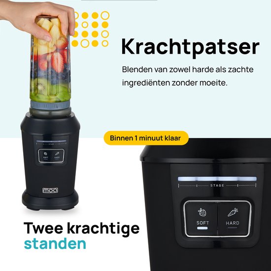 MOA Blender - Smoothie Maker avec 2 gobelets en Tritan de 600ml - Mini Blender To Go - 800W - acier inoxydable - Noir