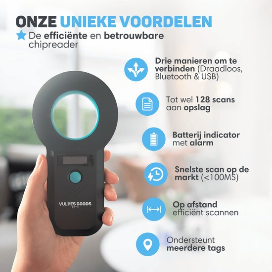 Vulpes Goods® Pets - Lecteur de puces - Lecteur de puces pour tous les animaux - Sac de transport inclus - ISO11784/85/FDX-B - Version PRO