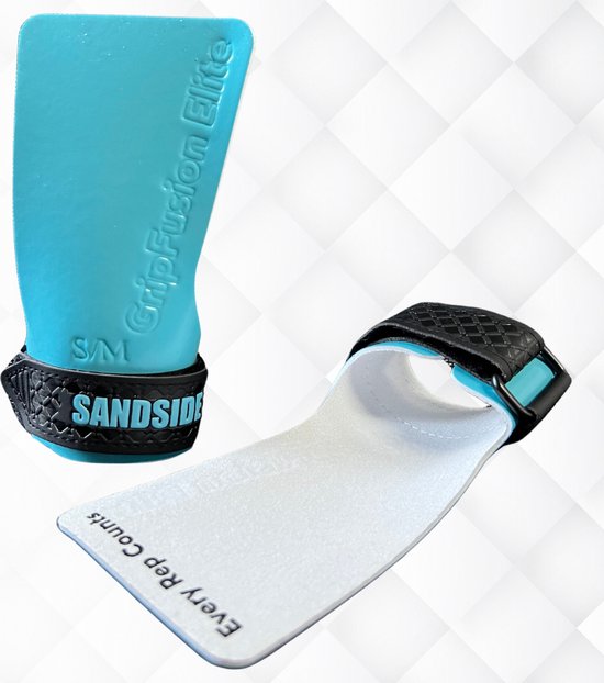 Sandside CrossFit Grips Elite 2.0 - Poignées adhésives - Pas de craie - Gants de fitness - Poignées sans doigts - Bleu ciel L/XL