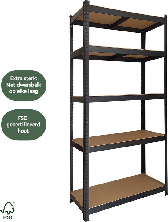 BRASQ Armoire à étagères en métal noir - Rack de stockage - Armoire murale - Armoire de stockage 180x90x40cm - 5 niveaux - armoire 175 KG/étagère - 875 KG max.