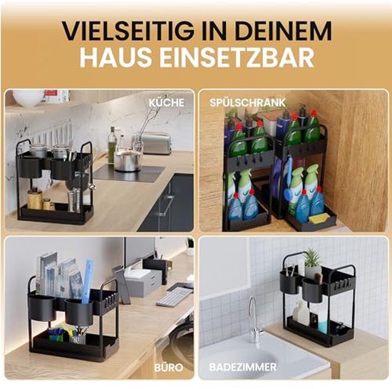 HELDENWERK Etagère d'évier pour meuble bas d'évier, réglable en hauteur sur 2 niveaux en noir, rangement de cuisine, meuble bas, étagère à épices, rangement de meuble bas d'évier