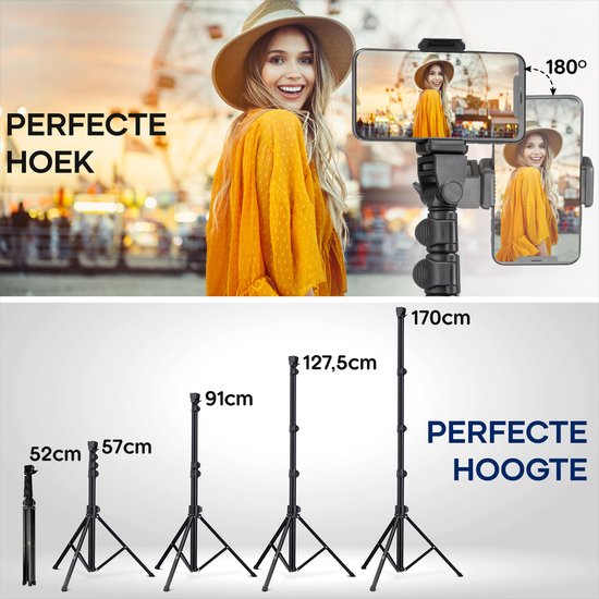 Studio ME Phone Tripod - 170 cm - Tripod Smartphone - Black - Camera Tripod - Phone Holder - Incl. Bluetooth Remote Control - Tripod Iphone - Tripod Phone