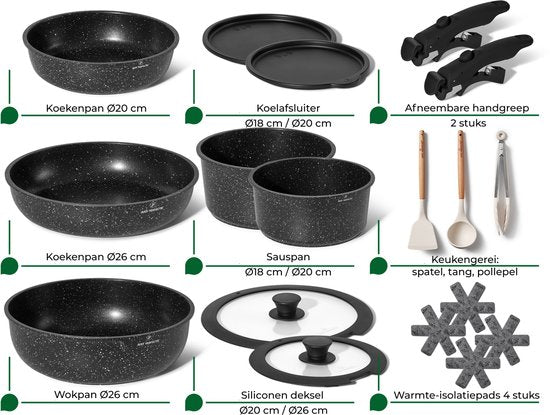 Just Perfecto 18 Piece Induction Cooking Set - Poignée amovible - Set de cuisson avec couvercle pour toutes les sources de chaleur - Poêles sans PFOA - PFAS