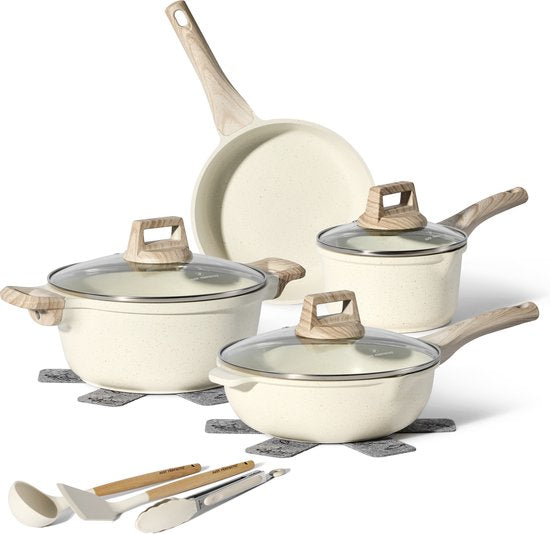 Just Perfecto 12 Pieces Induction Pans Set - Beige Pans Set With Lid For Gas and Induction - PFAS free - Cold grips