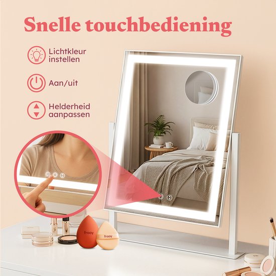 Fraay® Hollywood Mirror with Lighting 41x30cm - 3 Light Stages - Make-up Mirror with 10x Magnification Mirror - LED Strip Lighting Dimmable - Incl. Beauty Blenders and Powder puff