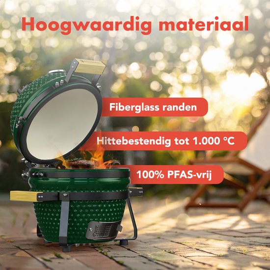 KitchenBrothers Kamado BBQ - 13 Inch Charcoal Barbecue - 27⌀ cm - sans PFAS - Deluxe Set - Egg BBQ with Accessories including Cover - Vert